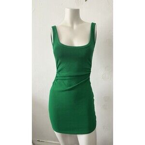 Zara Square Neck Emerald Green Tank Top Ruched Gathered Side Mini Dress medium